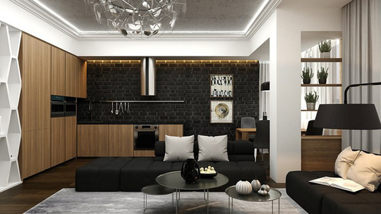 Căn hộ phong cách với màu đen, trắng và nâu gỗ